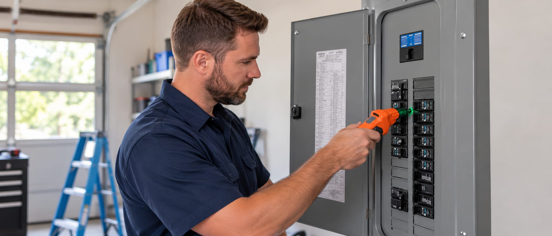 Perry Electrical technician working at a residential breaker panel
